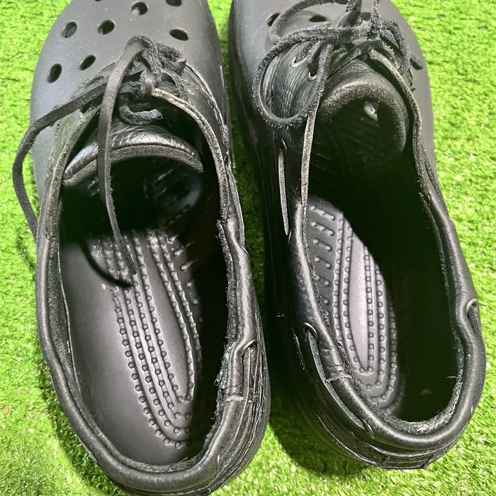 Crocs Boat Shoes Men SZ 12 Islander Pitcrew Leather Classic Clogs Black On Black
